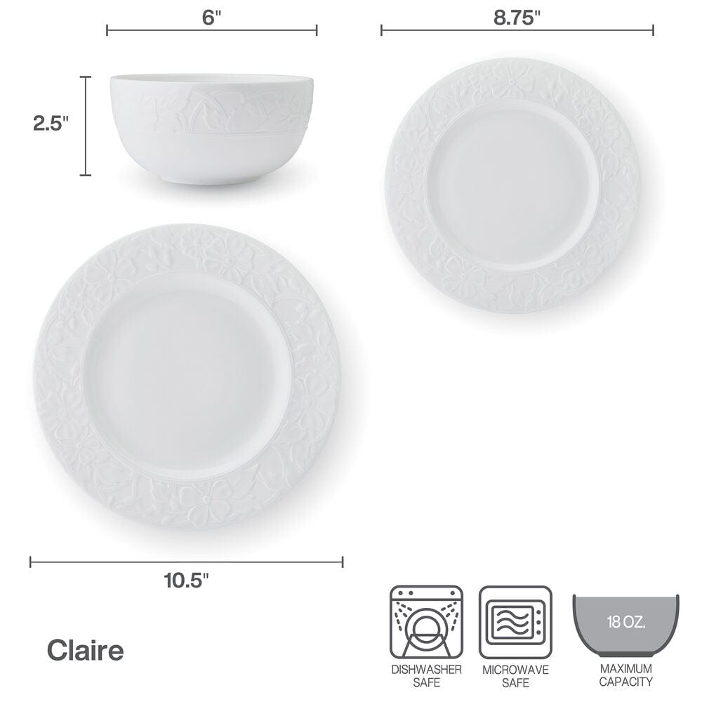Claire dinnerware spec diagram with bowl height and plate diameters shown to scale.