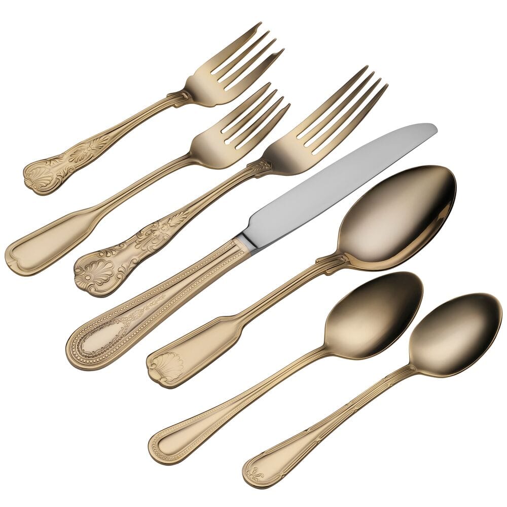 Towle Hotel 24 karat gold plated flatware set for 12 arranged on white background