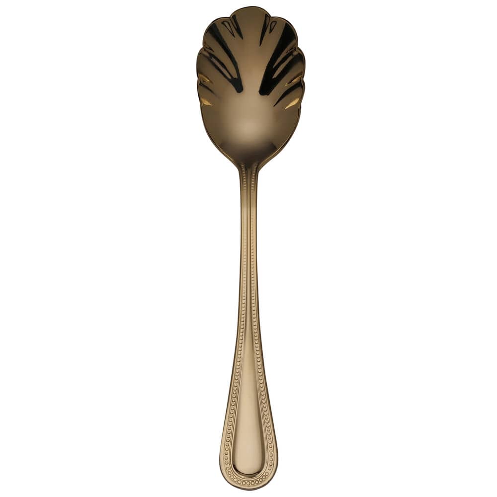 Gold plated serving spoon with beaded handle and shell shaped perforated bowl