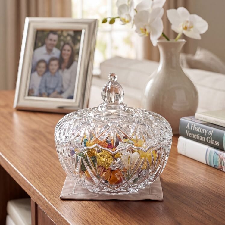 Saturn Glass Covered Candy Dish displayed on a wooden table filled with colorful wrapped candies in a home setting