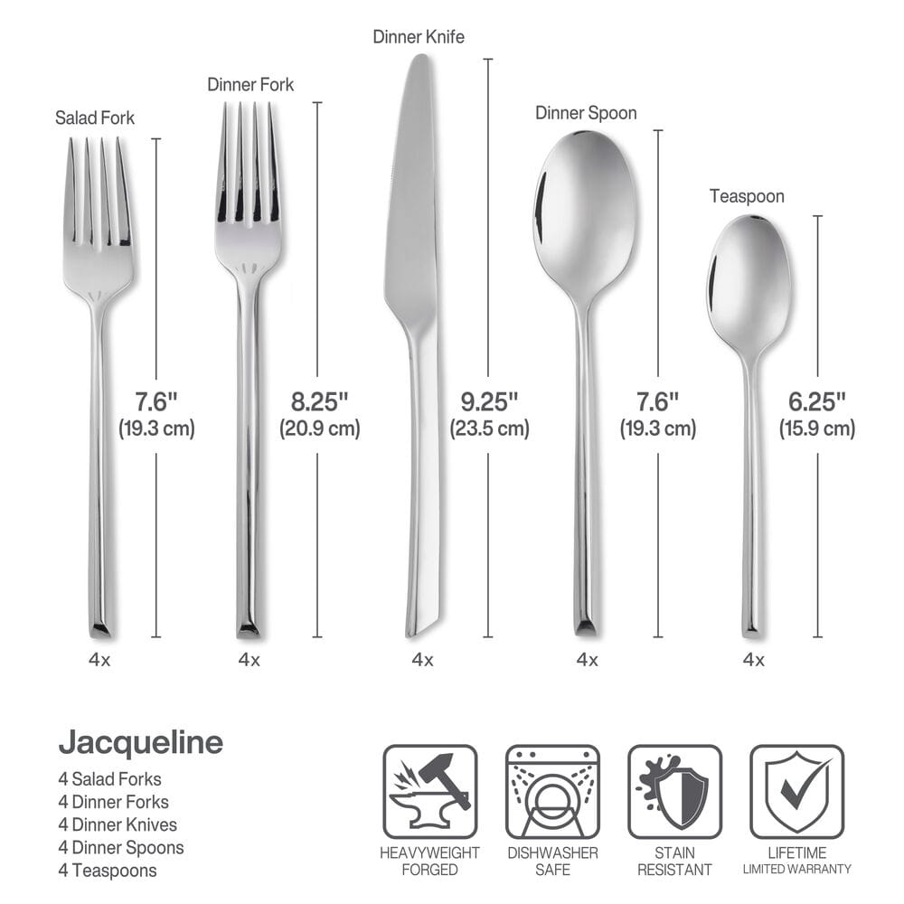 Jacqueline forged 20 piece flatware set for four with labeled utensils and measurements