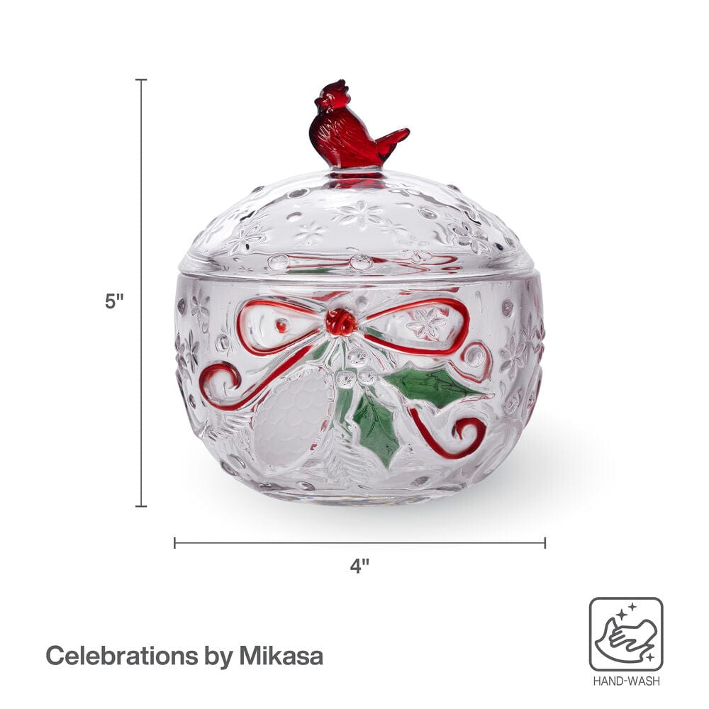 Cardinal glass covered candy box with 5 inch height and 4 inch width from Celebrations by Mikasa.