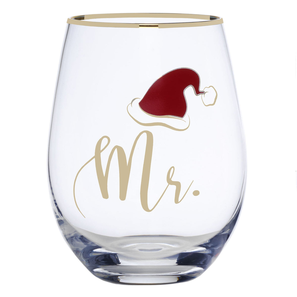 Front close up of Santa glass with gold rim and festive script against white background