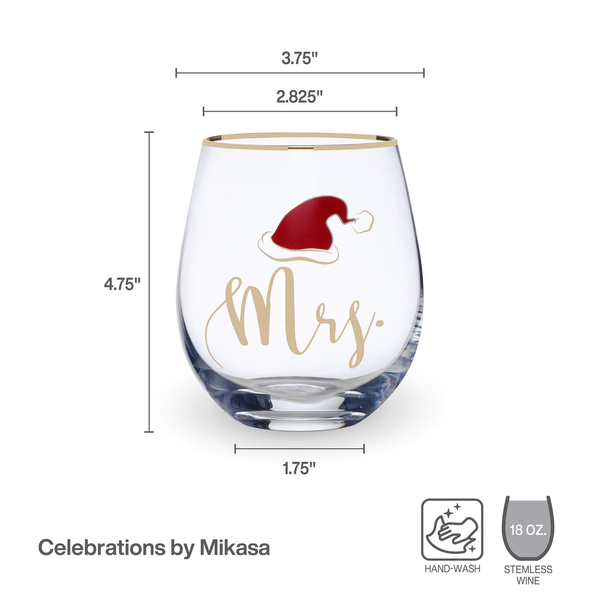 Close up of a Santa stemless wine glass showing gold rim and red Santa hat graphic