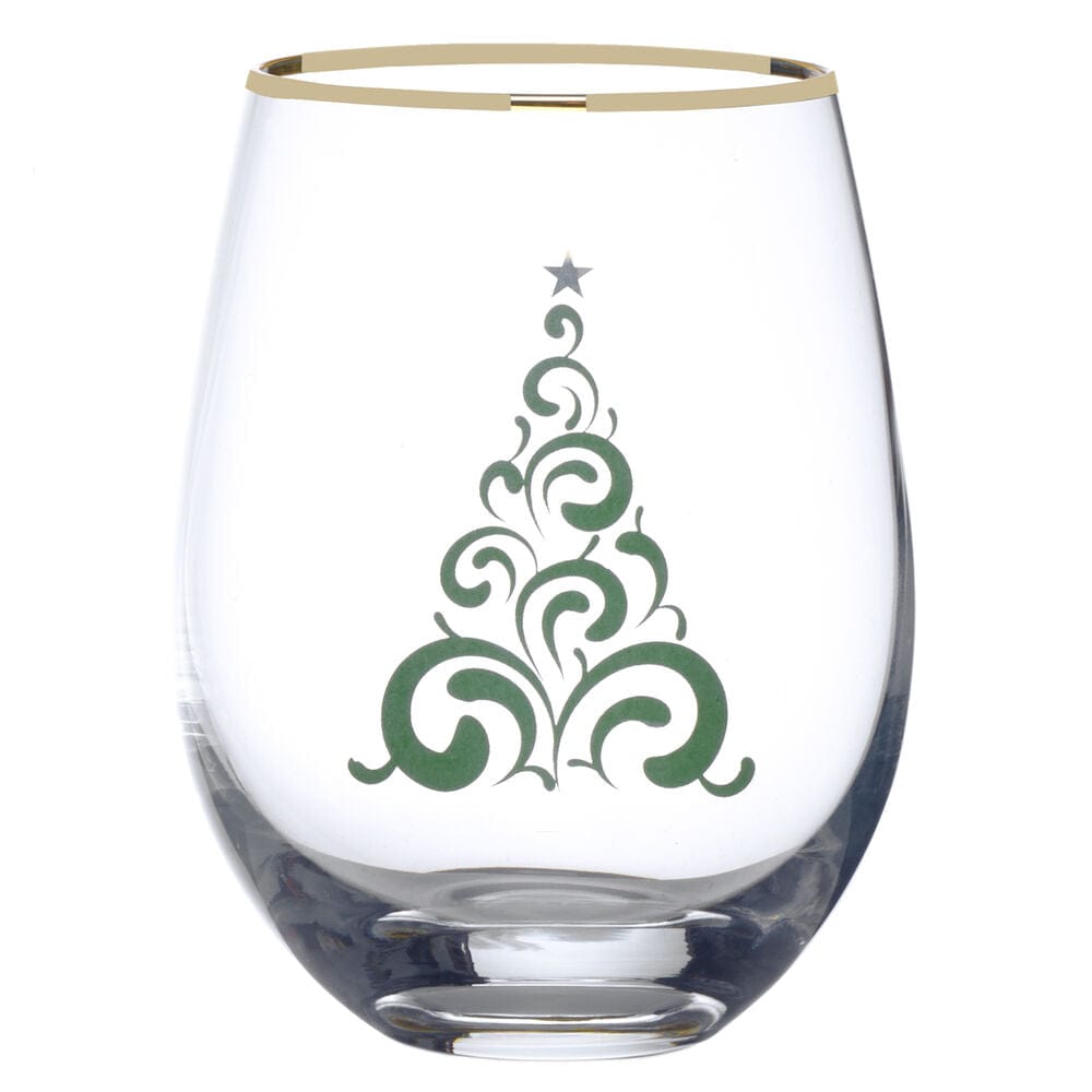 Stemless wine glass with a green decorative Christmas tree design and a gold rim