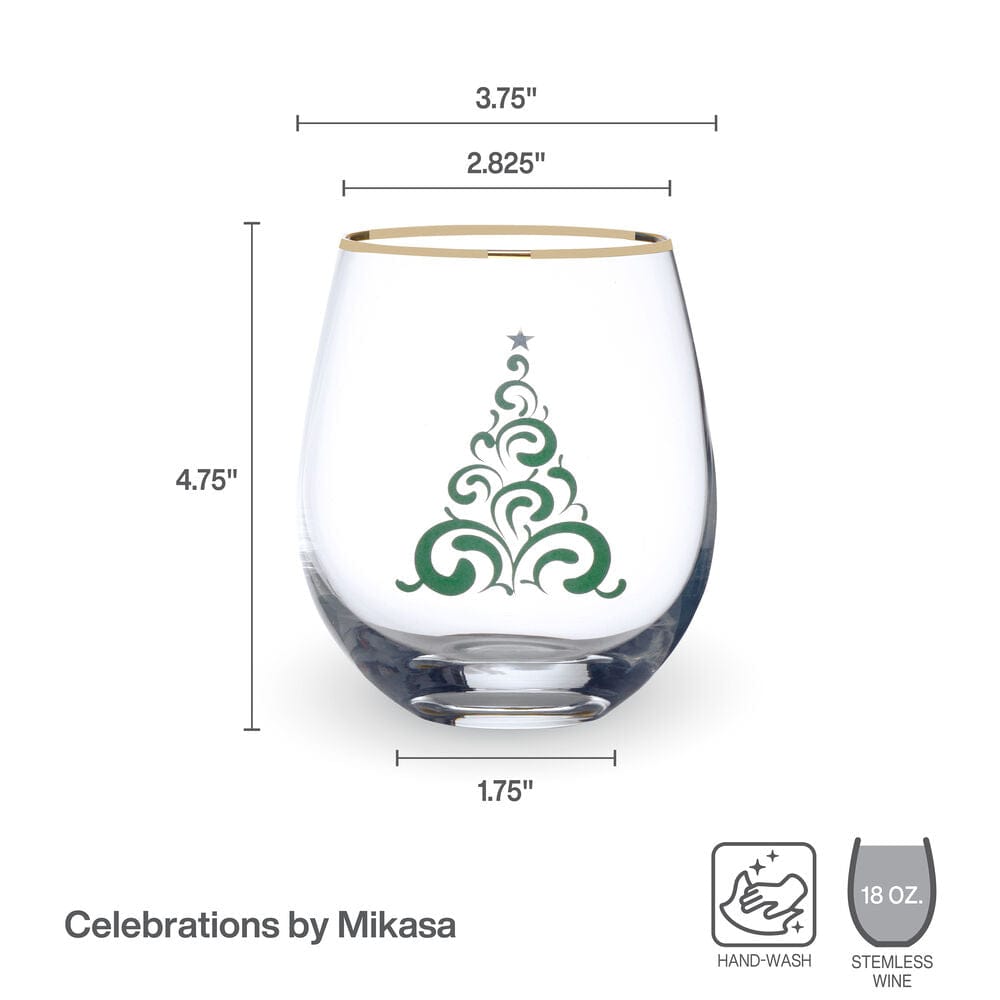Clear stemless wine glass with a gold rim and a green stylized Christmas tree design from Celebrations by Mikasa