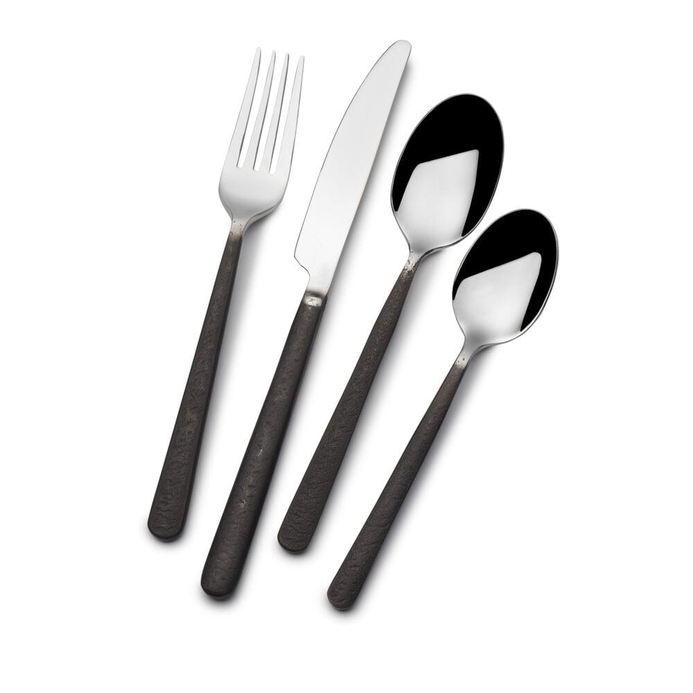 Calyx Black forged flatware four piece set with dark handles and polished metal heads