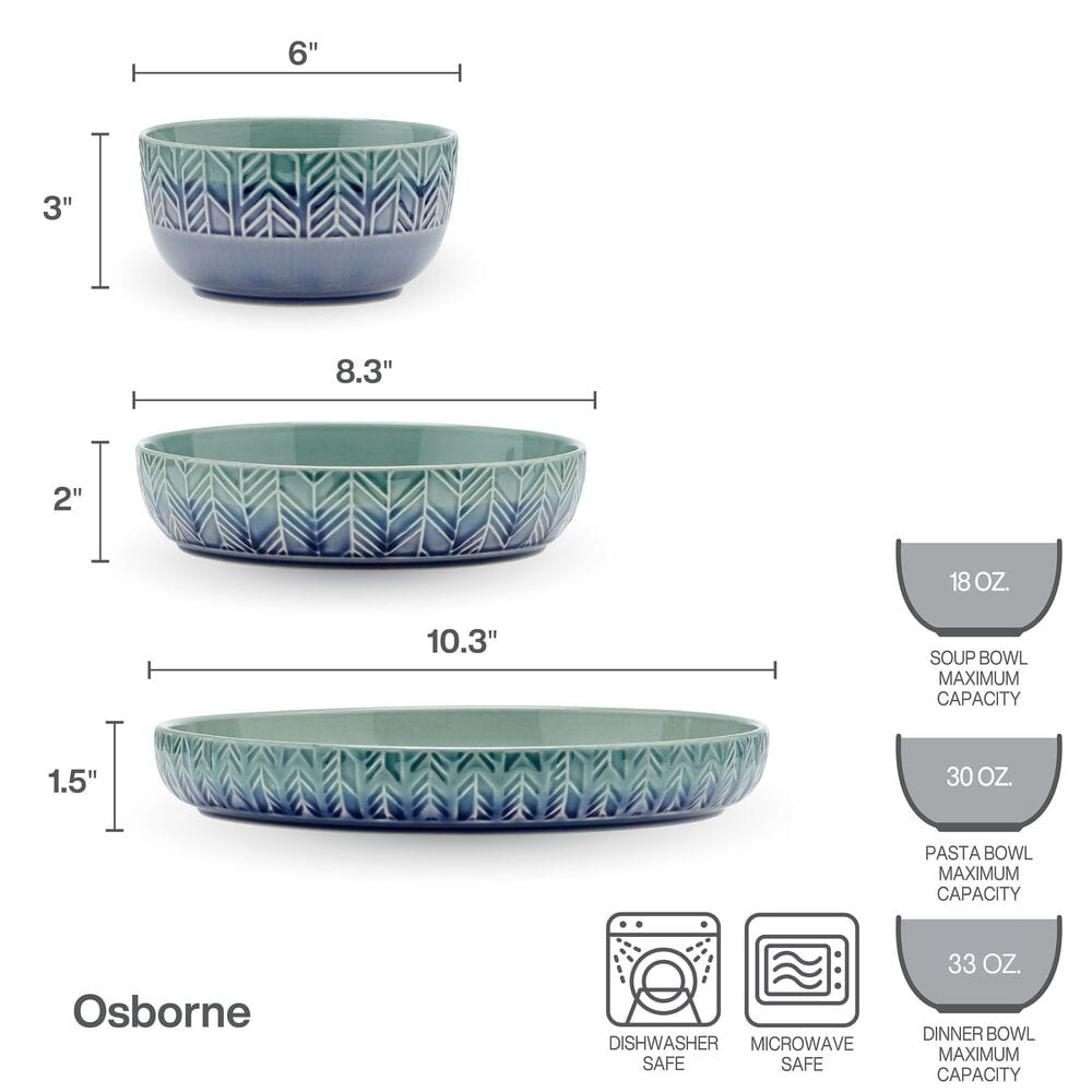 Osborne blue and teal patterned bowls in three sizes with a geometric leaf motif for a service for three
