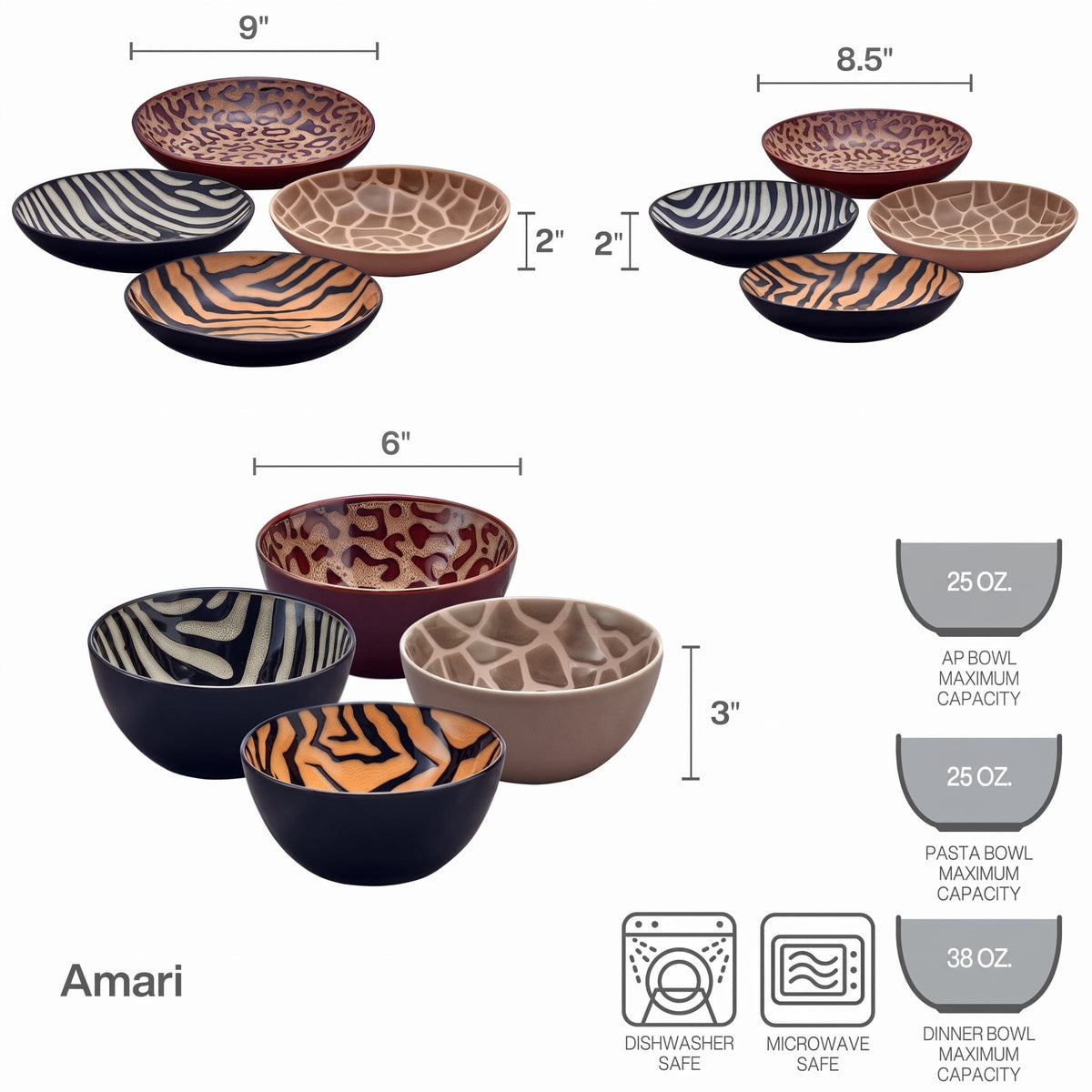 Amari Animal Print twelve piece dinnerware bowl set service for four with zebra and giraffe patterned bowls