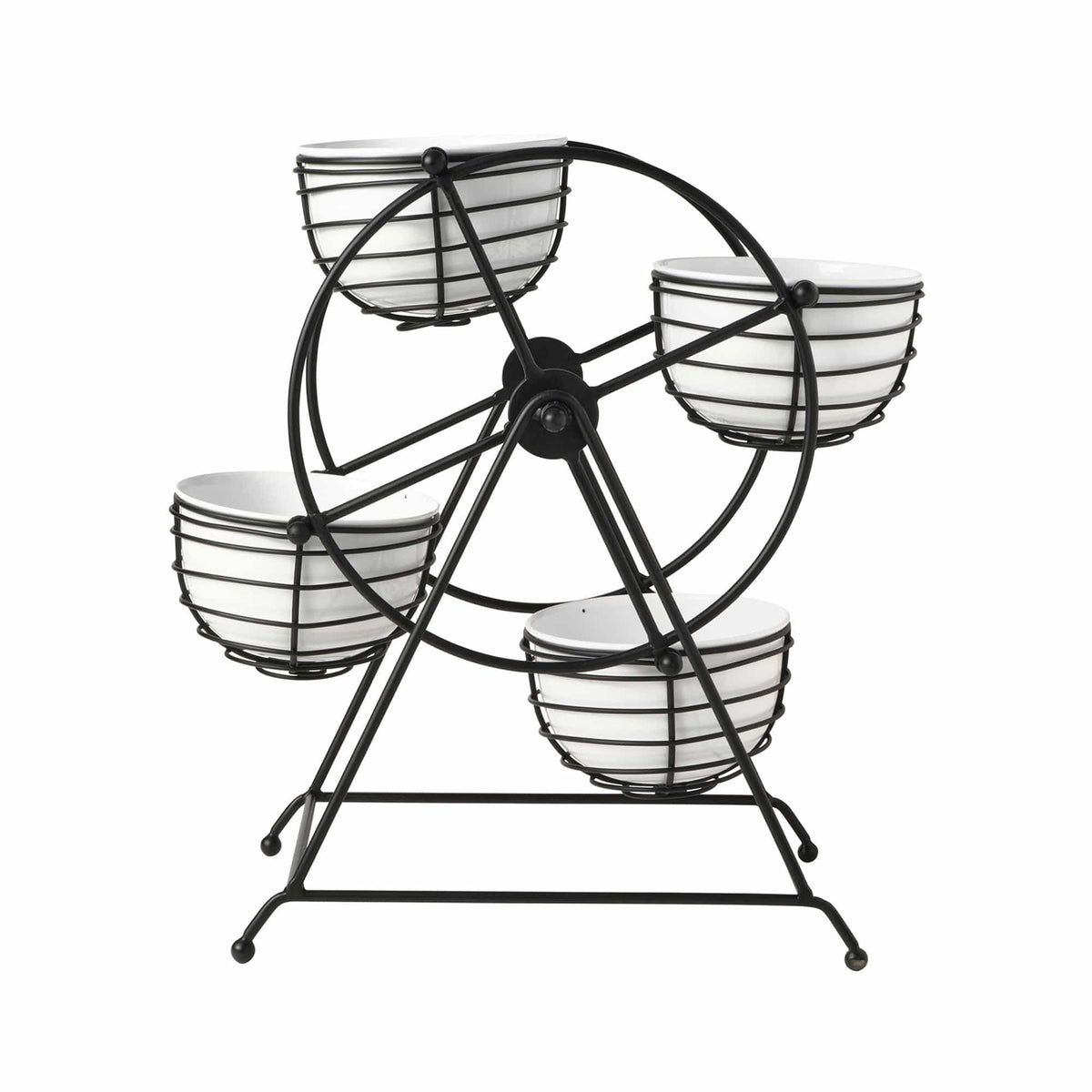 Close up of ferris wheel style stand showing white bowls in wire cages