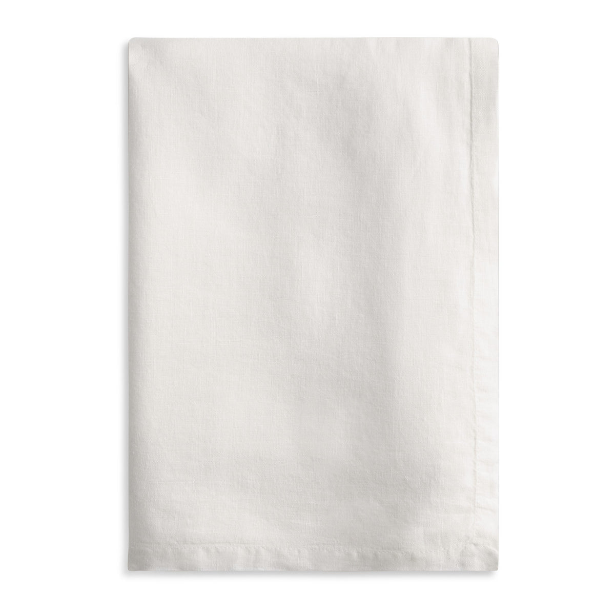 White 55 x 110 rectangular European linen tablecloth laid flat with a neat edge hem.