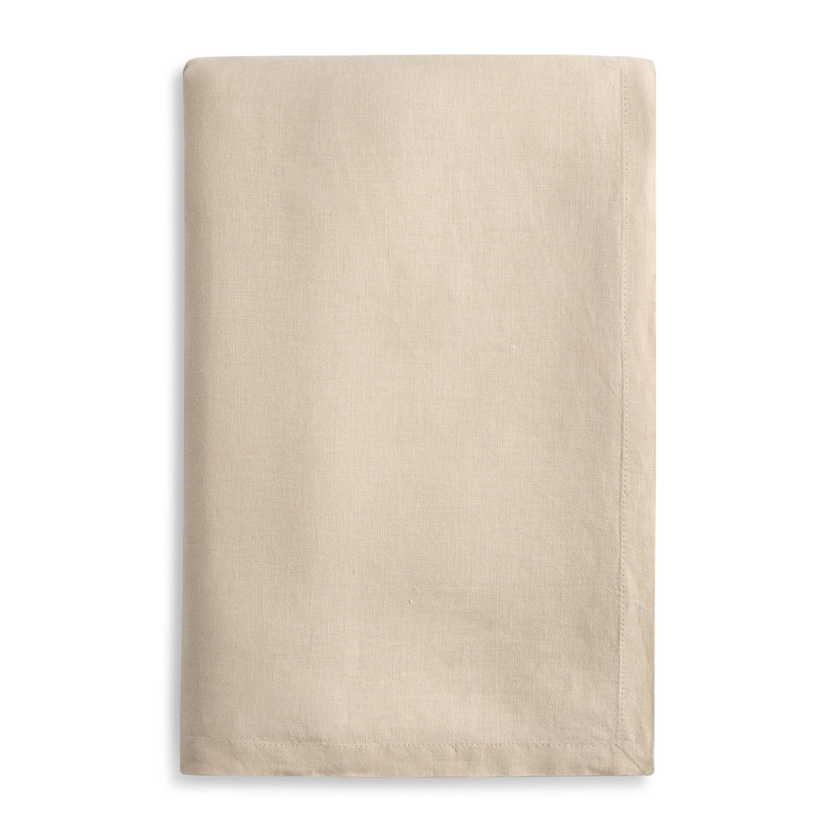 Dune Beige European Linen 55 x 110 tablecloth corner with stitched hem