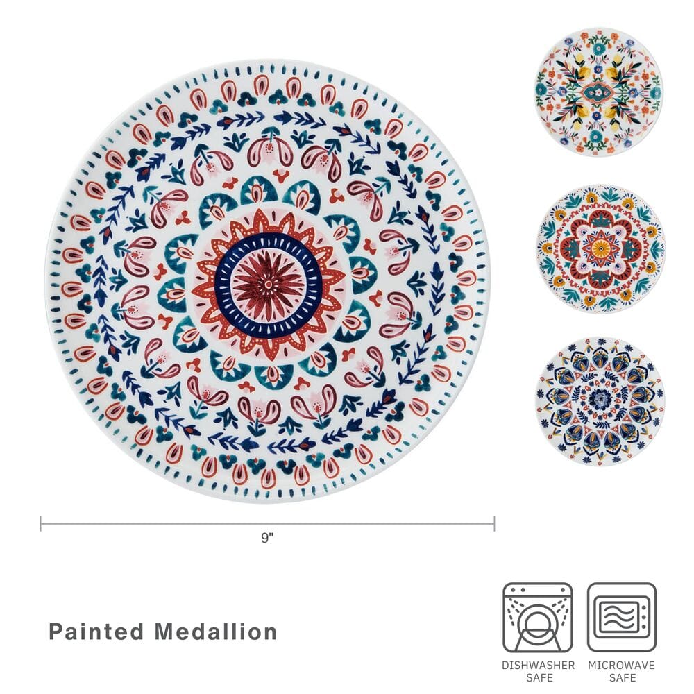 Nine inch Painted Medallion plate featuring a bold central medallion and surrounding floral border with set views
