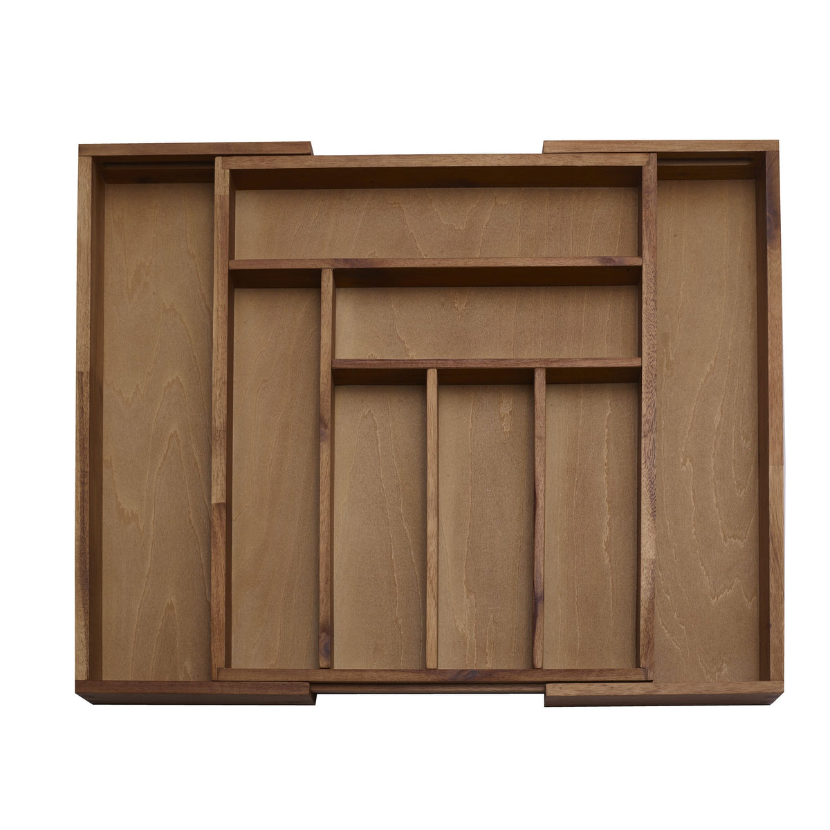 Interior view of a wooden flatware organizer with multiple compartments and dividers