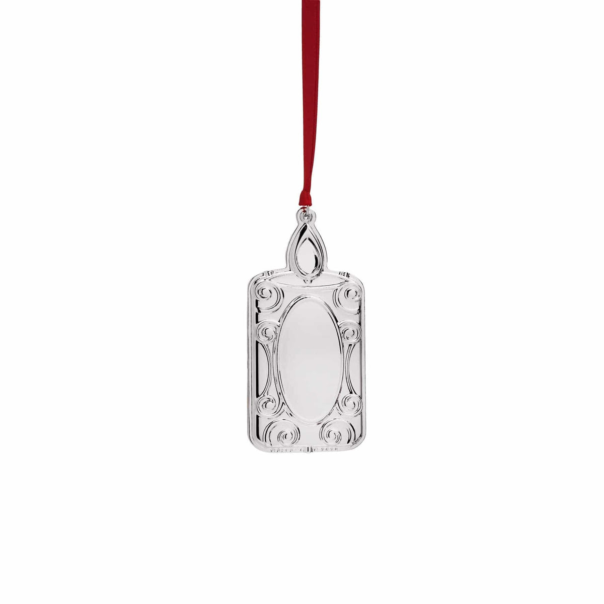 Close up of the 2025 Silver Plate Engravable Candle Ornament 13th Edition hung by a red ribbon
