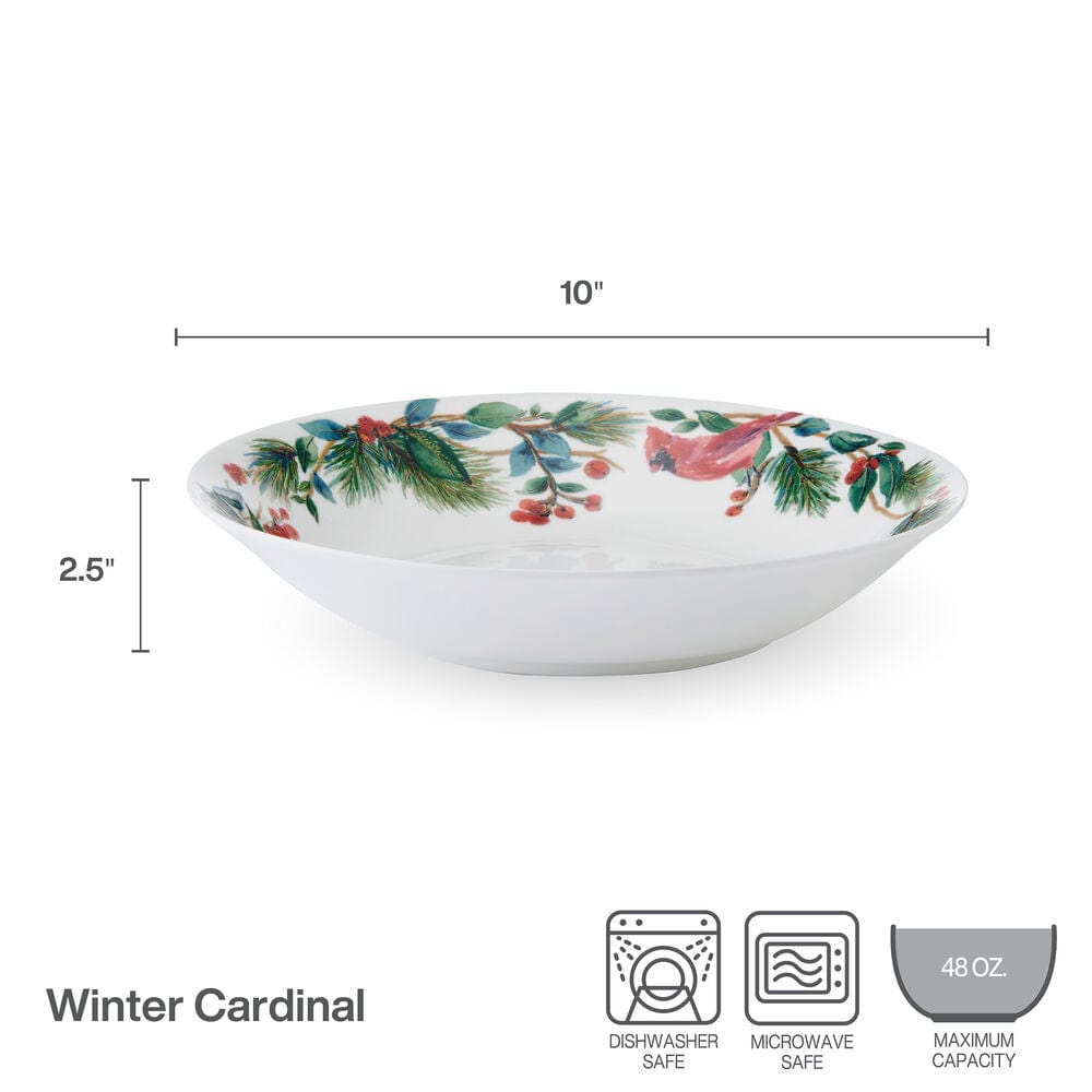 Winter Cardinal Serve Bowl 10 inches wide and 2.5 inches tall; microwave and dishwasher safe; 48 oz max.