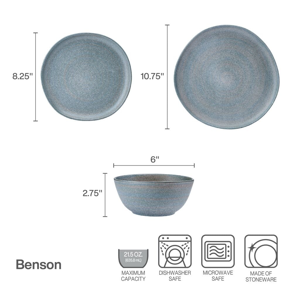 Benson dinnerware size diagram showing 8.25 inch and 10.75 inch plates and a 6 inch bowl with dimensions