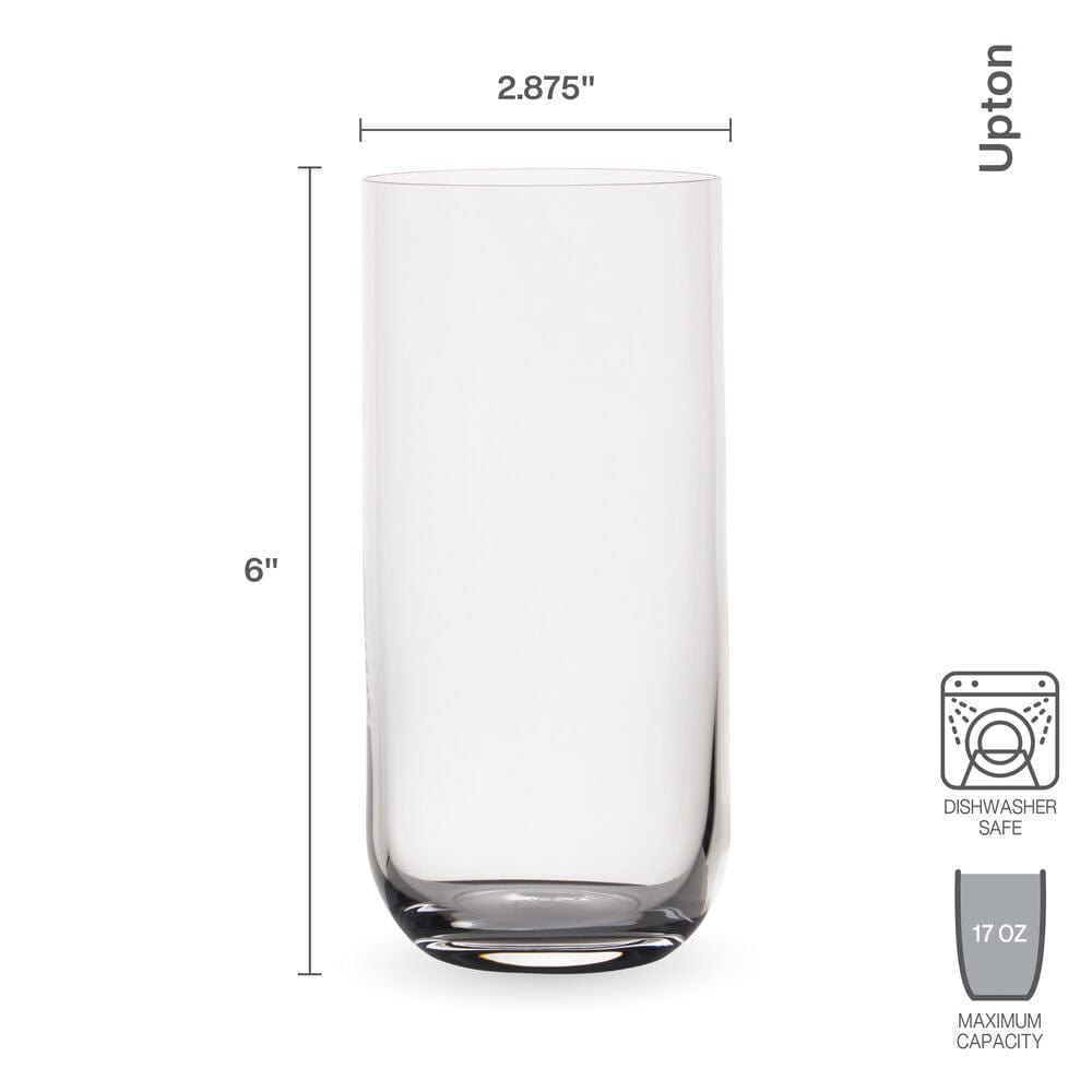 Upton tall highball glass diagram showing 6 inch height and 2.875 inch diameter with dishwasher safe and 17 oz capacity icons