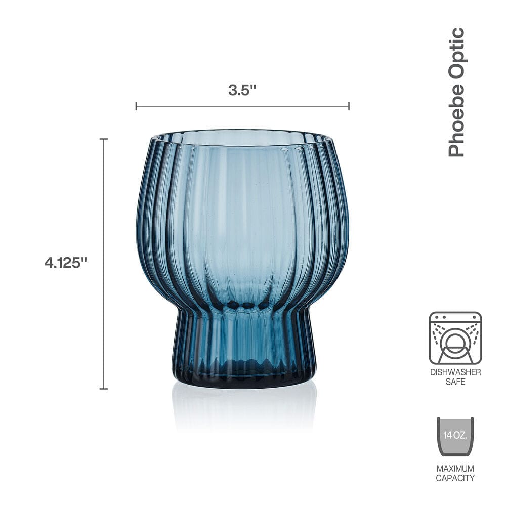 Phoebe Optic blue ribbed glass with dimensions 3.5 inches wide by 4.125 inches tall and 14 oz maximum capacity