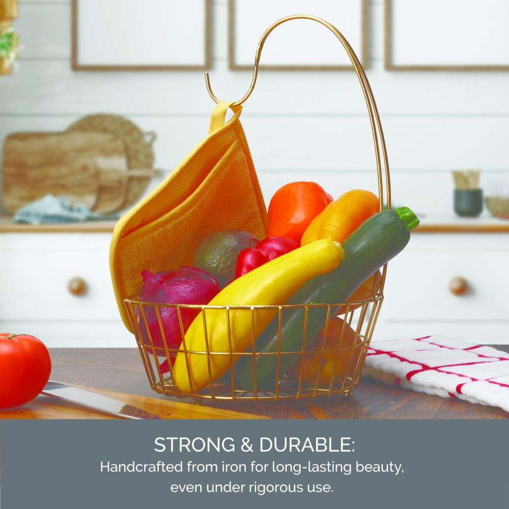 Geneva Gold Fruit Storage Basket with Banana Hook filled with peppers zucchini and purple onion in a bright kitchen
