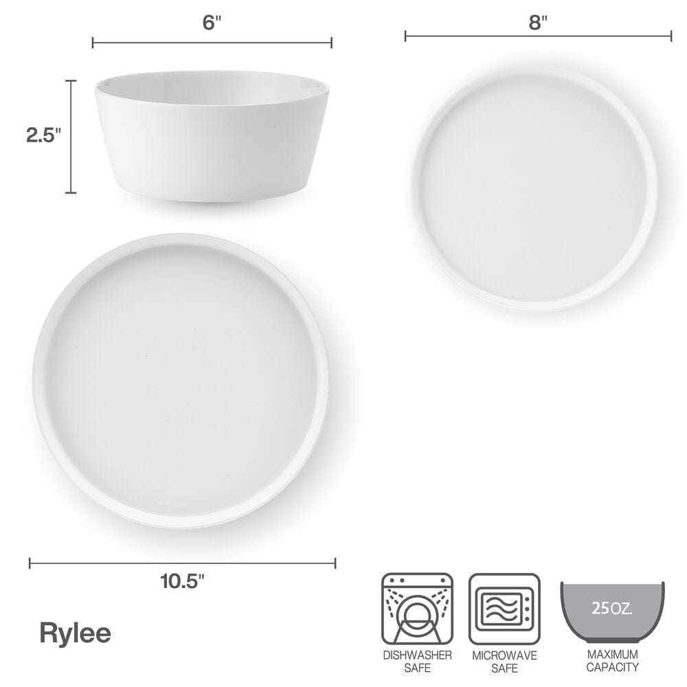 Rylee dinnerware size diagram shows 6 inch bowls 8 inch plates and 10.5 inch diameter with 25 oz capacity