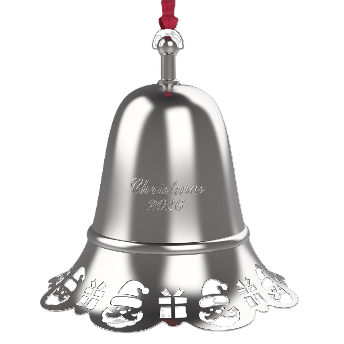Close up of Towle 2026 silver plated pierced musical bell ornament with a red ribbon and Christmas 2026 engraving