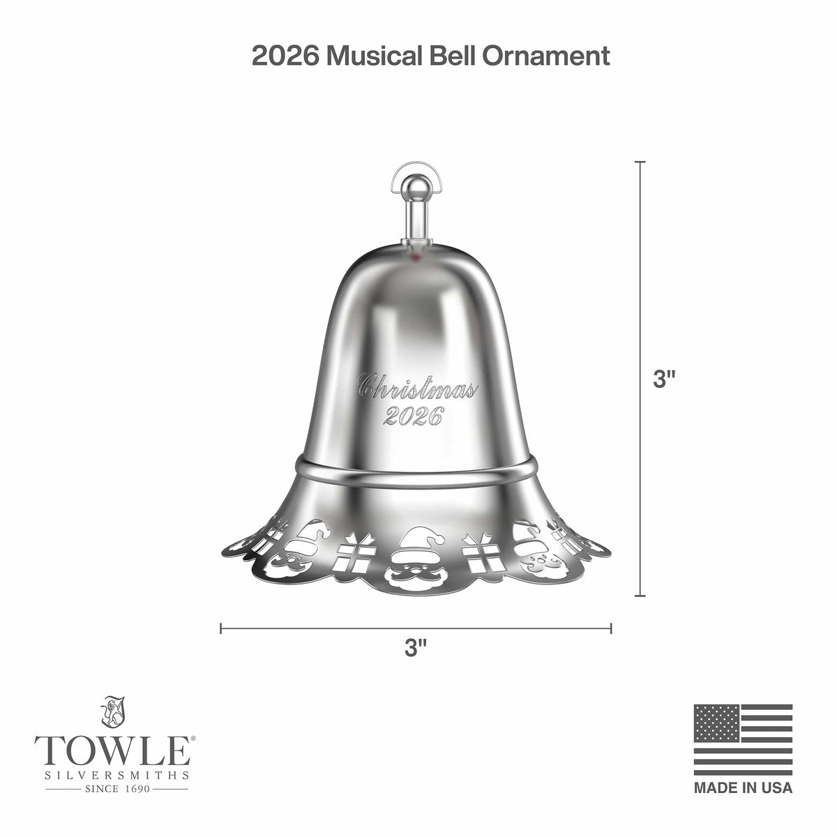 Front view of the silver plated pierced bell ornament with decorative border and Christmas 2026 engraving