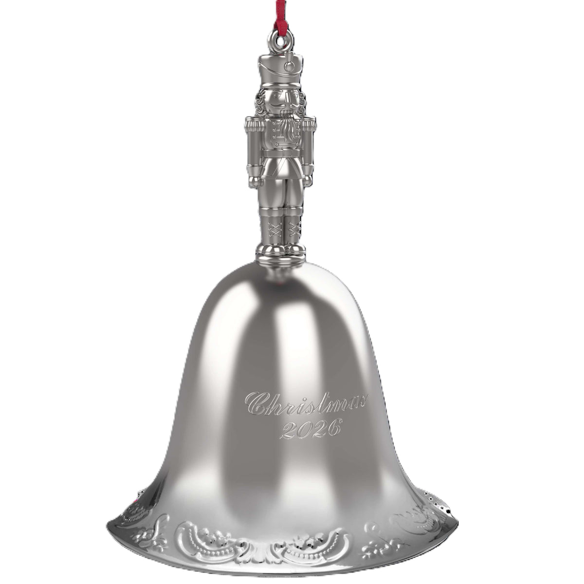 Wallace Grande Baroque 2026 silver plated nutcracker bell ornament 32nd edition on a display stand