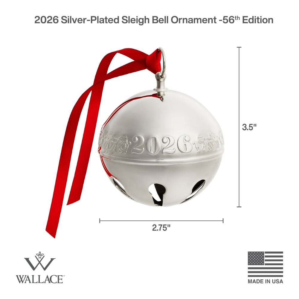 Product rendering of Wallace 2026 Silver Plated Sleigh Bell Ornament 56th Edition with a red ribbon against a white background and dimension marks.