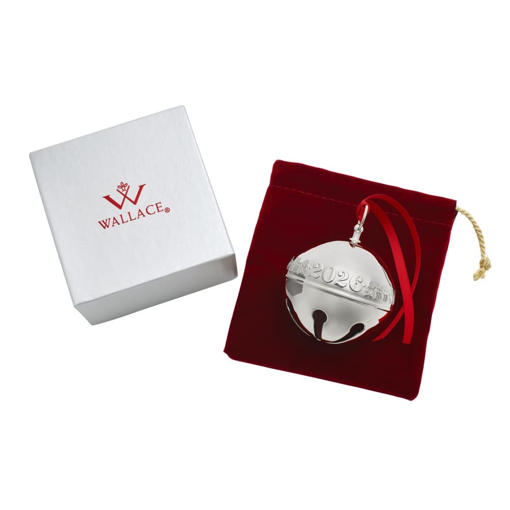 Wallace 2026 silver plated sleigh bell ornament with white box and red pouch