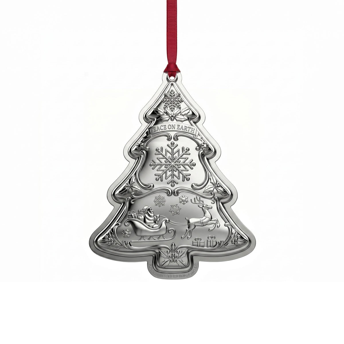 Gorham 2026 sterling silver Christmas tree ornament with snowflake design hanging from a red ribbon