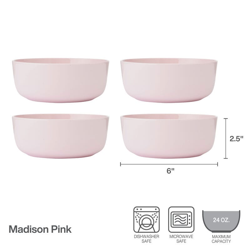 Four Madison Pink bowls arranged in a two by two layout showing 6 inch width and 2.5 inch height