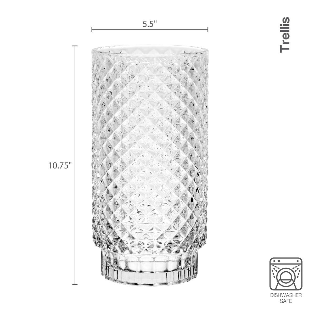 Trellis Glass vase with a diamond pattern and arrows indicating 5.5 inch width and 10.75 inch height.