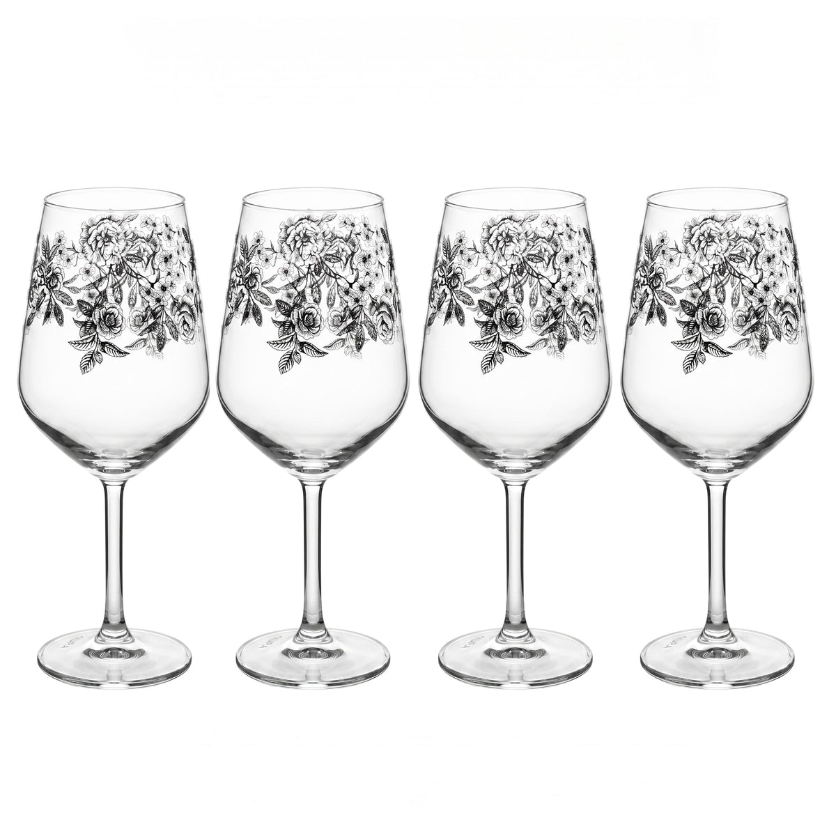 Four Windsor Rose wine glasses with a black floral engraving arranged in a row on a white background