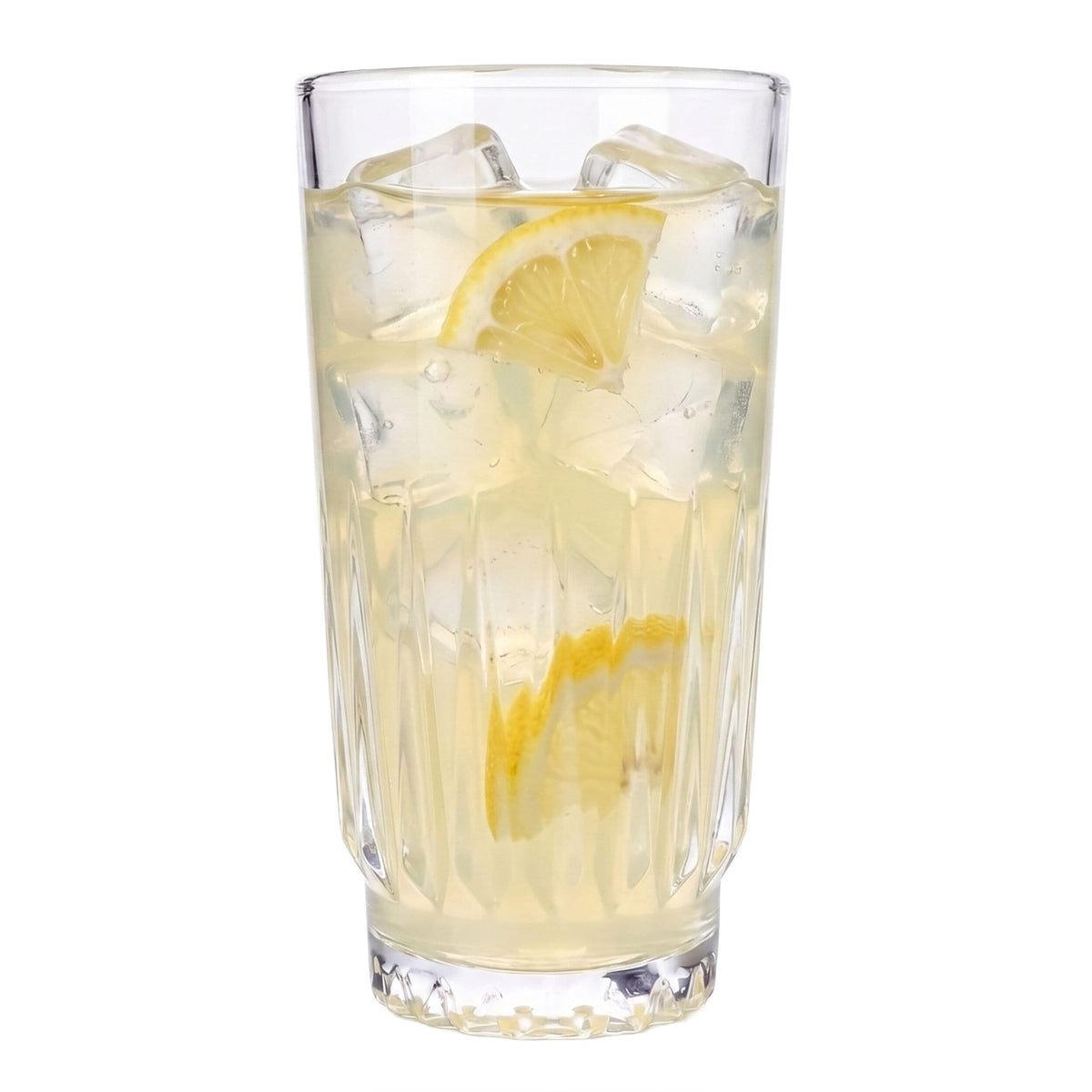 Hampshire highball glass with ice and lemon wedge