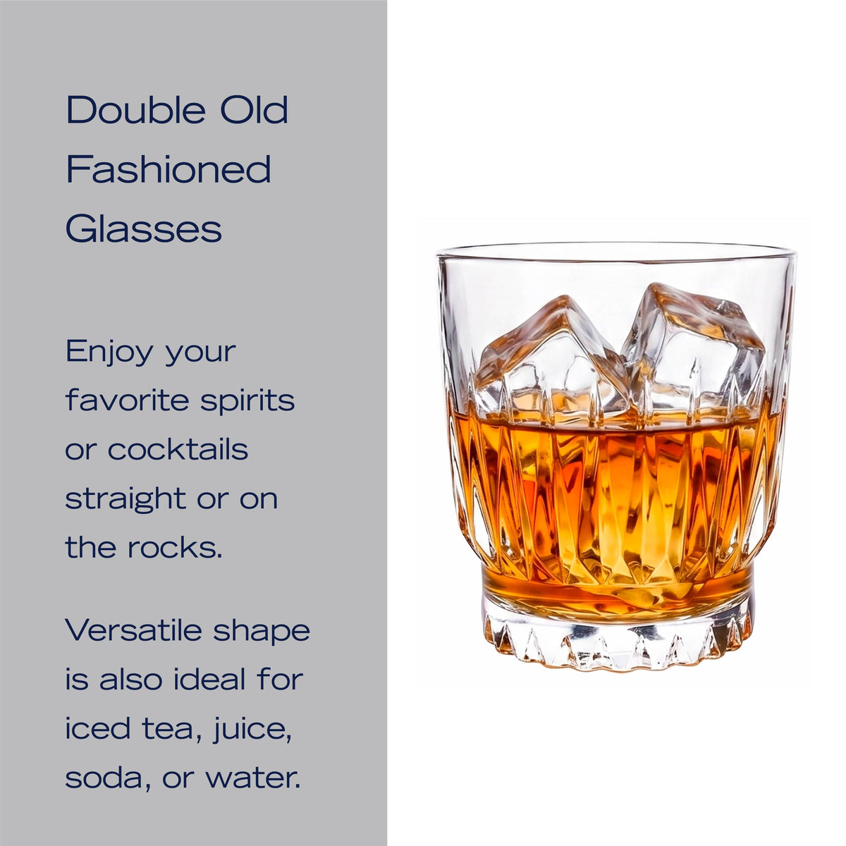 Hampshire crystal double old fashioned glass from a four piece set on a bar with ice bucket in background