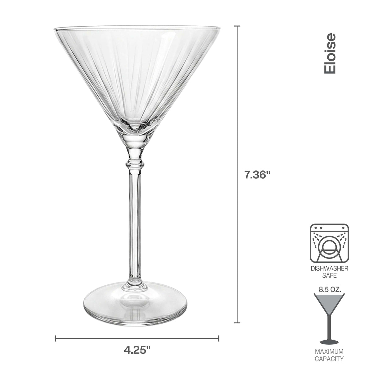 Close up of Eloise ribbed martini glass with a tall stem