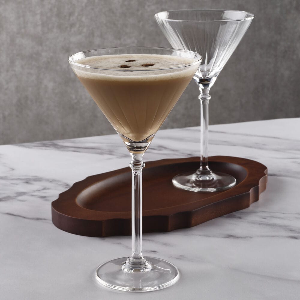 Eloise Set of 2 Martini Glasses on a wooden serving tray
