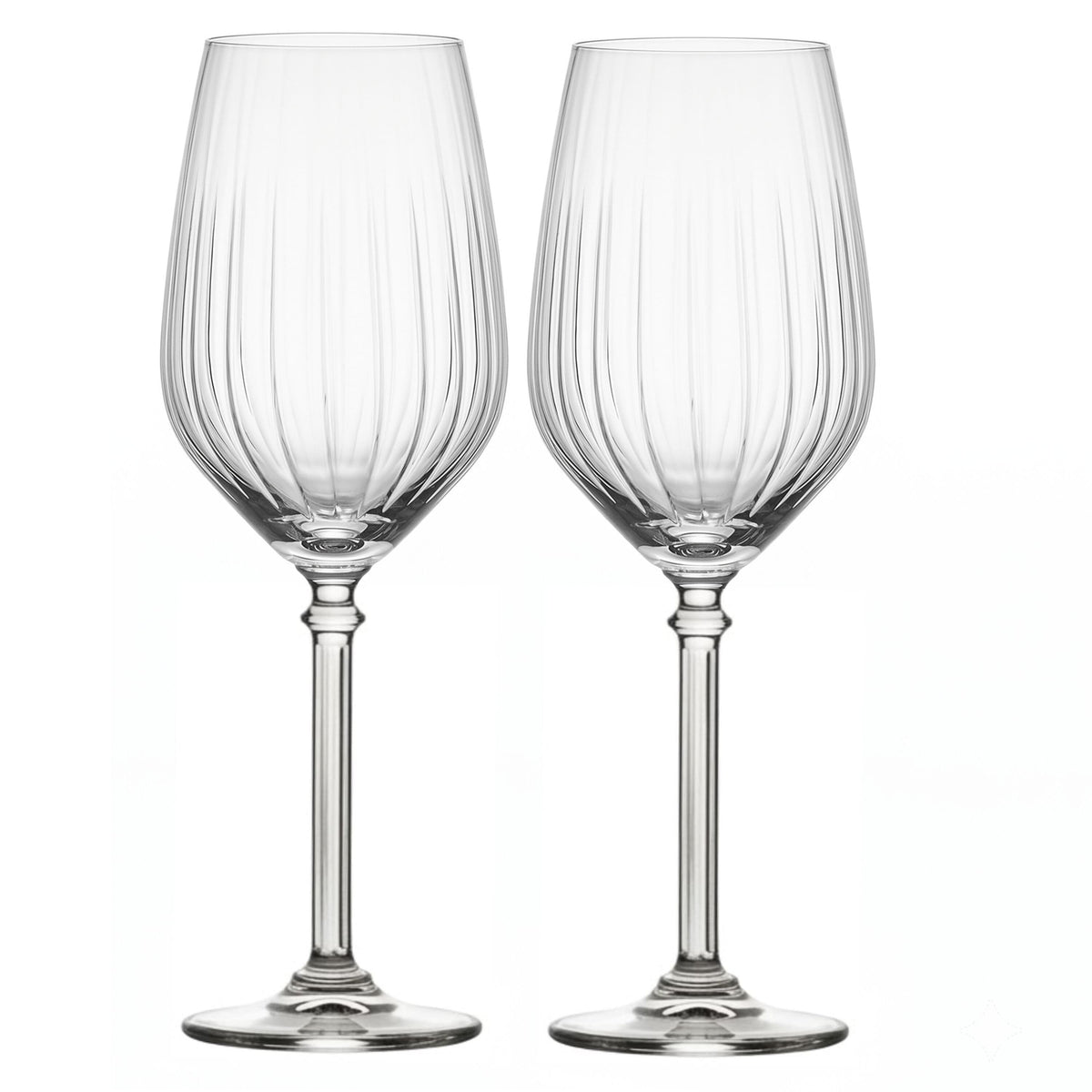 Two Eloise wine glasses with vertical ribbed bowls and clear stems