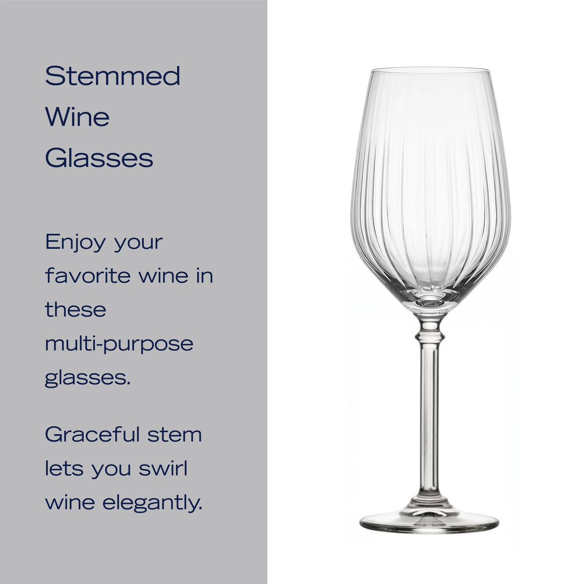 Tall clear stemmed wine glass beside a gray panel with the headline Stemmed Wine Glasses