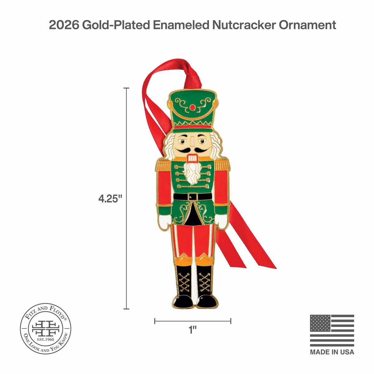 Full body nutcracker figure in green and red with gold trim on a white background with branding seals and Made in USA label