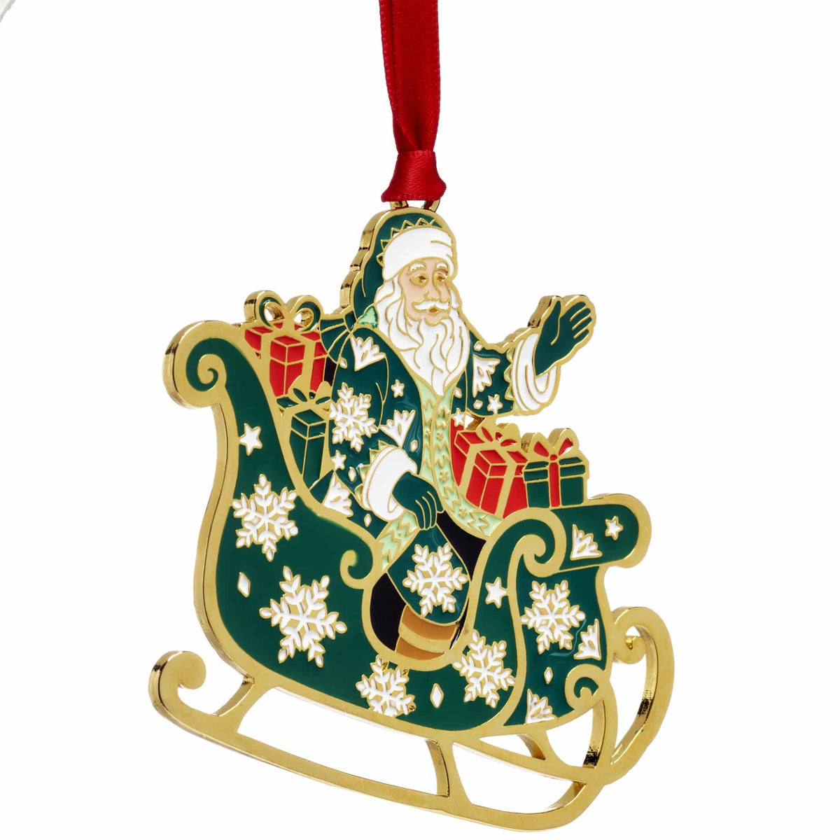 Enamel Santa on a green sleigh with gifts and snowflakes and gold trim on the ornament