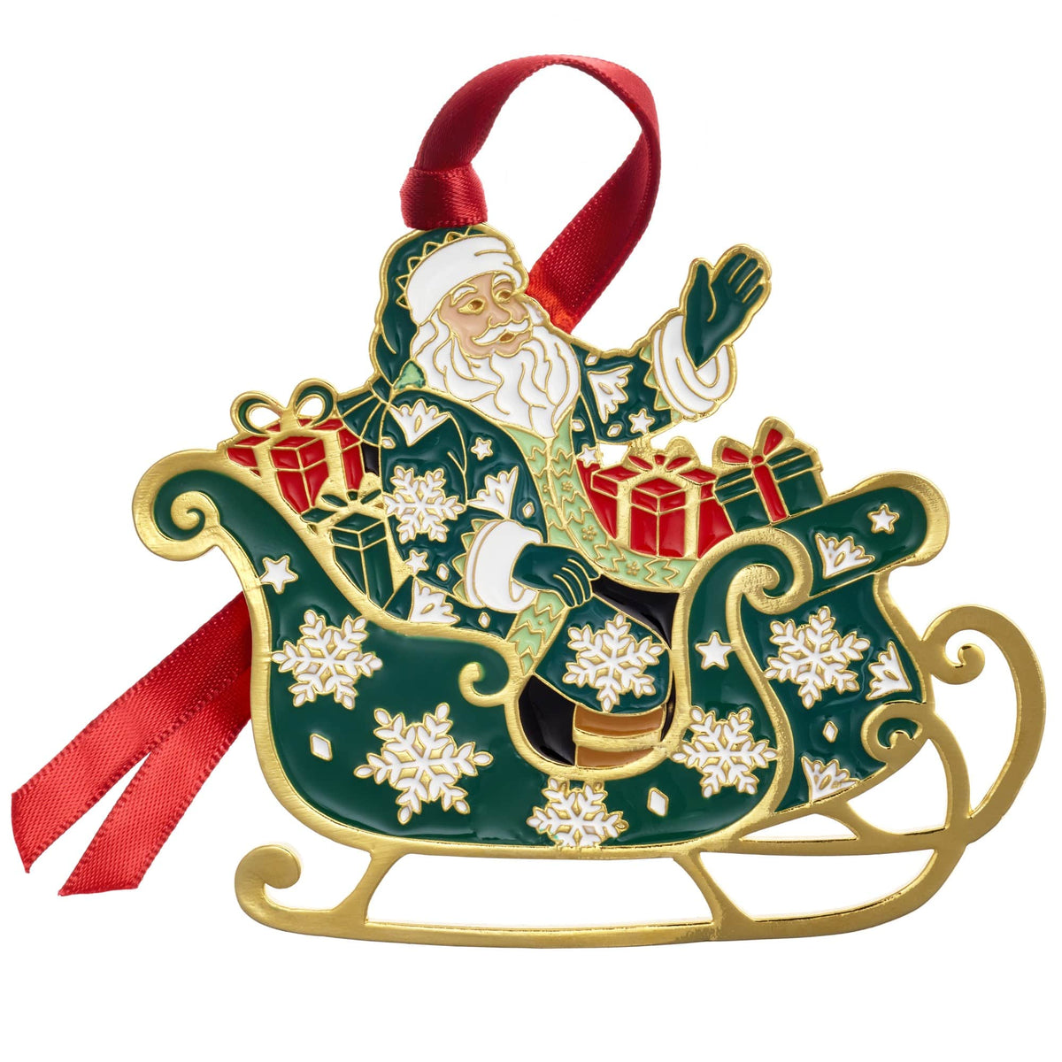 Fitz & Floyd gold plated enameled Santa ornament with a red ribbon loop and a green sleigh full of gifts.