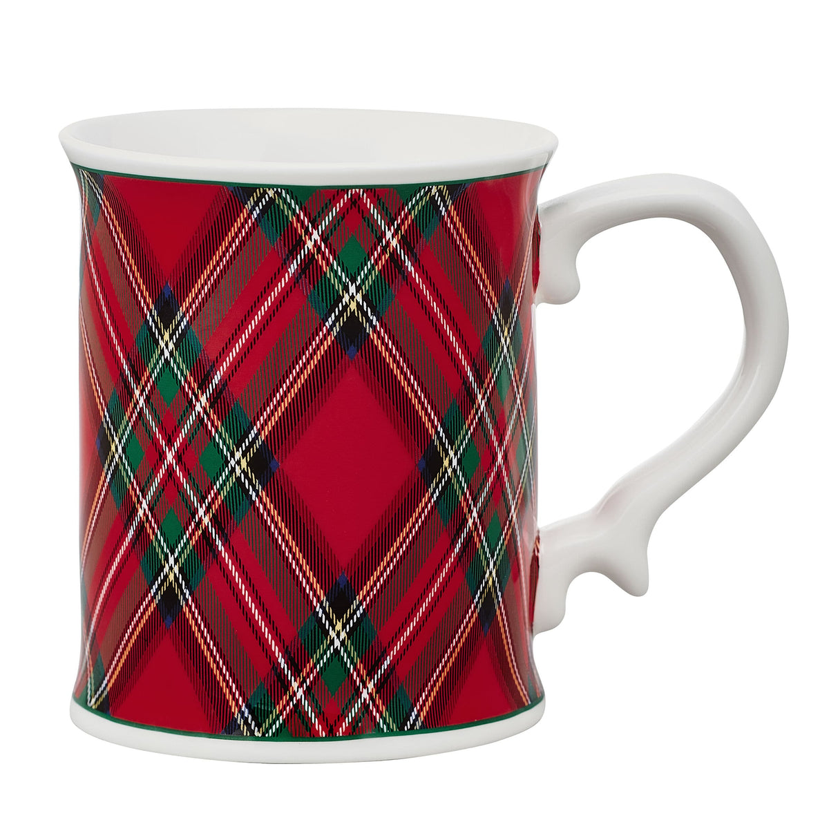 Red tartan mug close up with a white interior and white handle