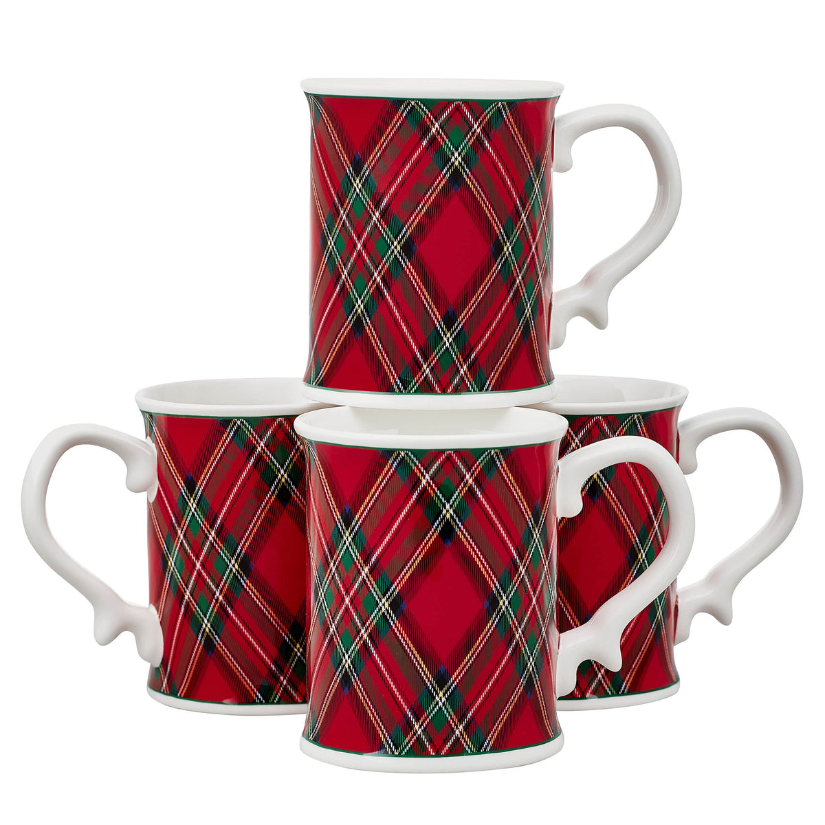 Closeup of a red tartan mug with white interior and curved handle, part of a set of four mugs