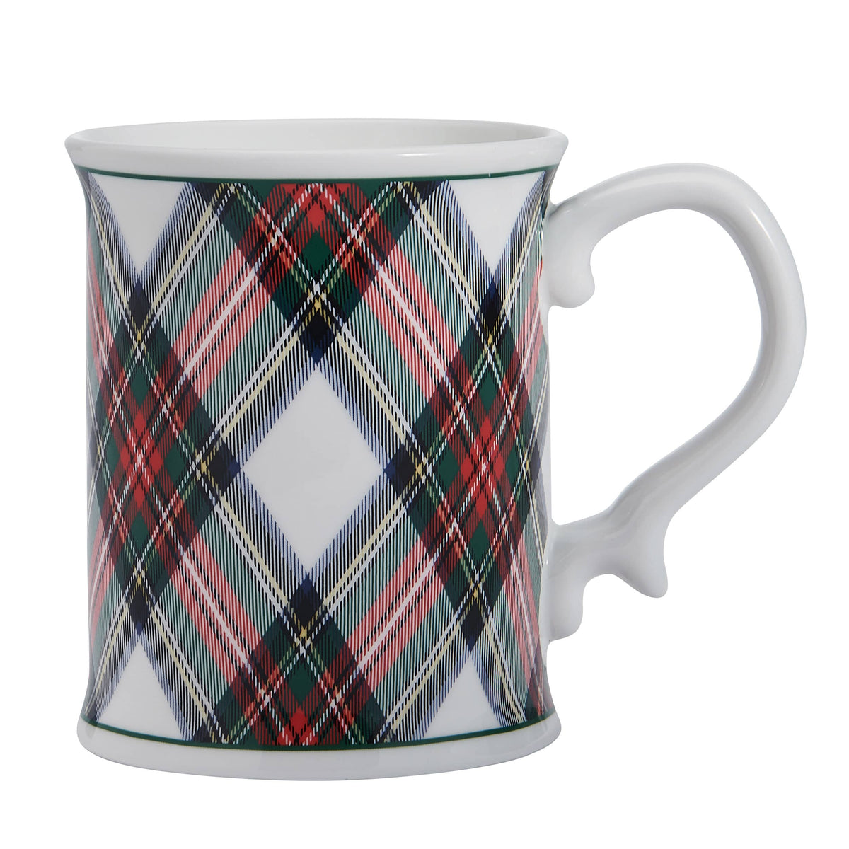 Tartan White set of four plaid mugs arranged on a kitchen counter.