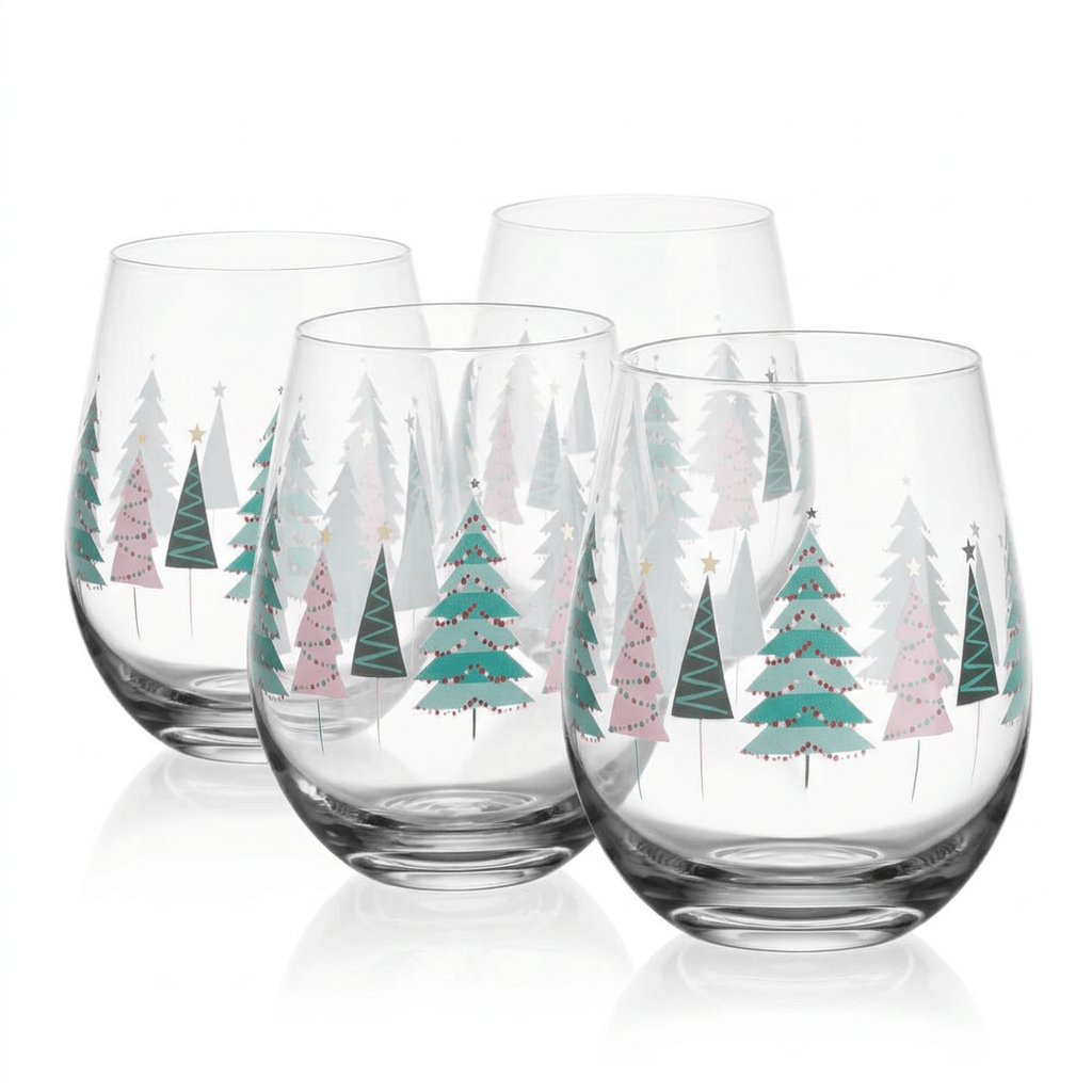 Four clear stemless wine glasses decorated with a festive Christmas tree pattern in shades of teal, pink, and gray, set against a clean white background.