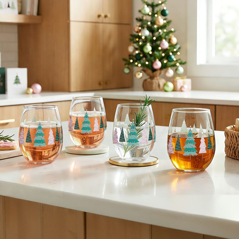 Four stemless wine glasses with Christmas tree designs displayed on a kitchen island with a decorated Christmas tree in the background.