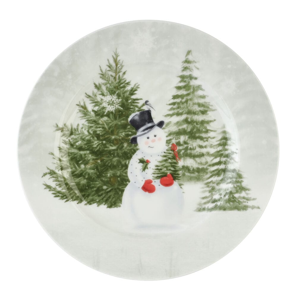 Snowman's Winter plate featuring a snowman beside tall evergreen trees along the rim.