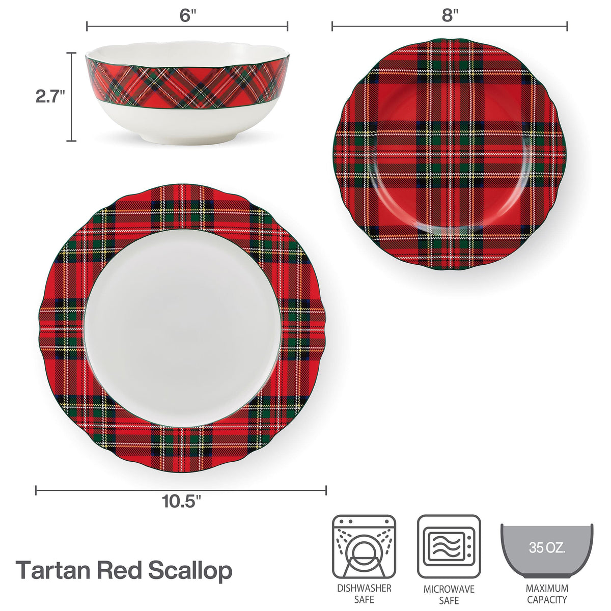 Product diagram showing plaid bordered bowls and plates in sizes 6 inch 8 inch and 10.5 inch with care icons.